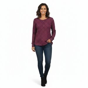Dalia Burgundy Waffle Knit Henley Top Geometric Print Large L Long Sleeve Soft